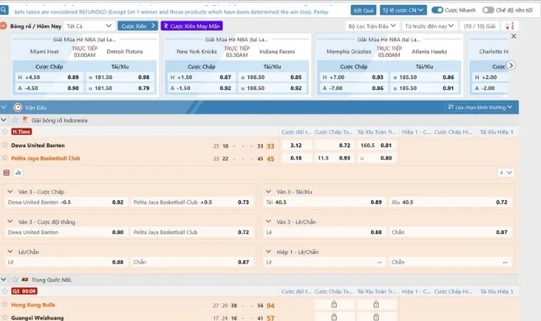 Giao diện đặt cược kèo bóng rổ U888