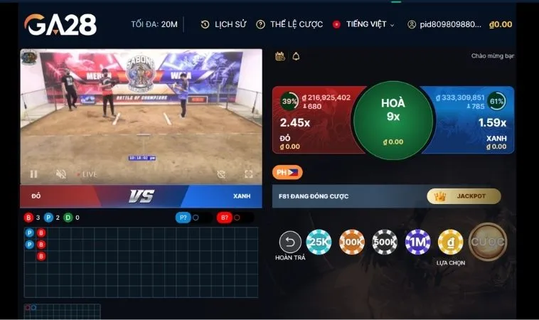 Cách Chơi Đá Gà GA28 Tại U888 Thú Vị Cho Cược Thủ 2 Giao diện cá cược sảnh đá gà GA28 tại U888